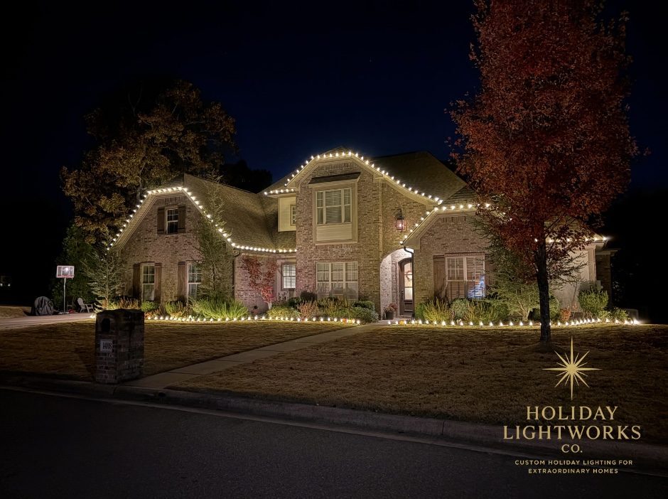 Premium holiday lighting installation Central Arkansas - large estate roofline