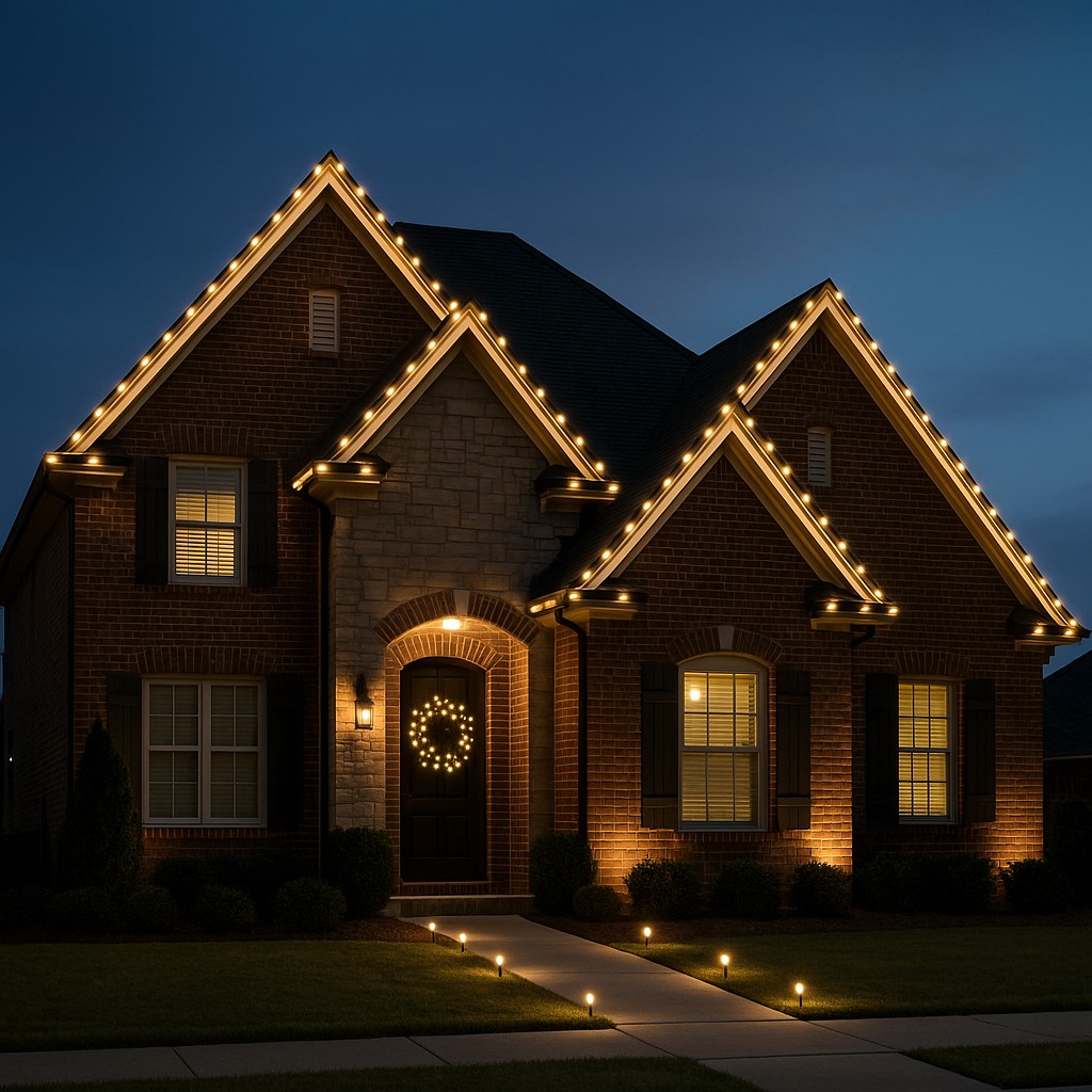 Elegant warm-white holiday lights on a brick home at dusk